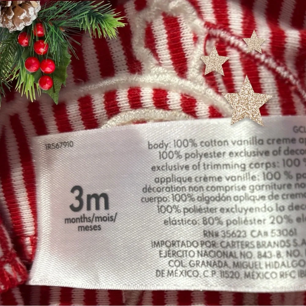 Carter’s Christmas Red and White Striped Baby Outfit SZ 3 Months